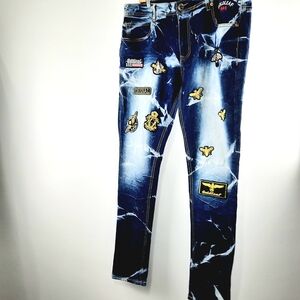 ❤️ AMIRI Blue Tie-Dye Skinny Jeans with Embroidered Patches